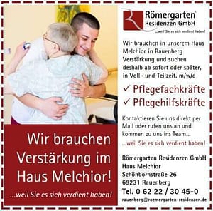 Pflegefachkräfte - Pflegehilfskräfte in den Römergarten Residenzen Haus Melchior in Rauenberg gesucht Pflegefachkräfte - Pflegehilfskräfte in den Römergarten Residenzen Haus Melchior in Rauenberg gesucht