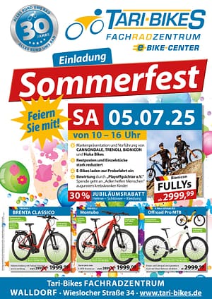 Samstag den 05.07.2025 ab 10 Uhr bis 16 Uhr - Einladung zum Sommerfest bei Tari-Bikes 2025 Samstag den 05.07.2025 ab 10 Uhr bis 16 Uhr - Einladung zum Sommerfest bei Tari-Bikes 2025