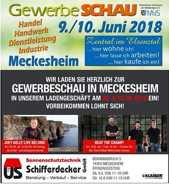 Sonnenschutztechnik Schifferdecker, Meckesheim, Gewerbeschau Meckesheim, SFZ Marktplatzfest, 09.06.2018 um 11 Uhr bis 10.06.2018