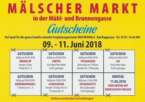 RUNTER LADEN und AUSDRUCKEN ! Gutscheine Mälscher Markt, Mühlgasse, Brunnengasse, runterladen, ausdrucken, Erix Remmele, Festplatzorganisator, Crepes, Round up, Pfeilwagen, Eis, Kinderkarussell, Schiesbude, Zuckerwatte, Familientag mit ermässigten Preisen